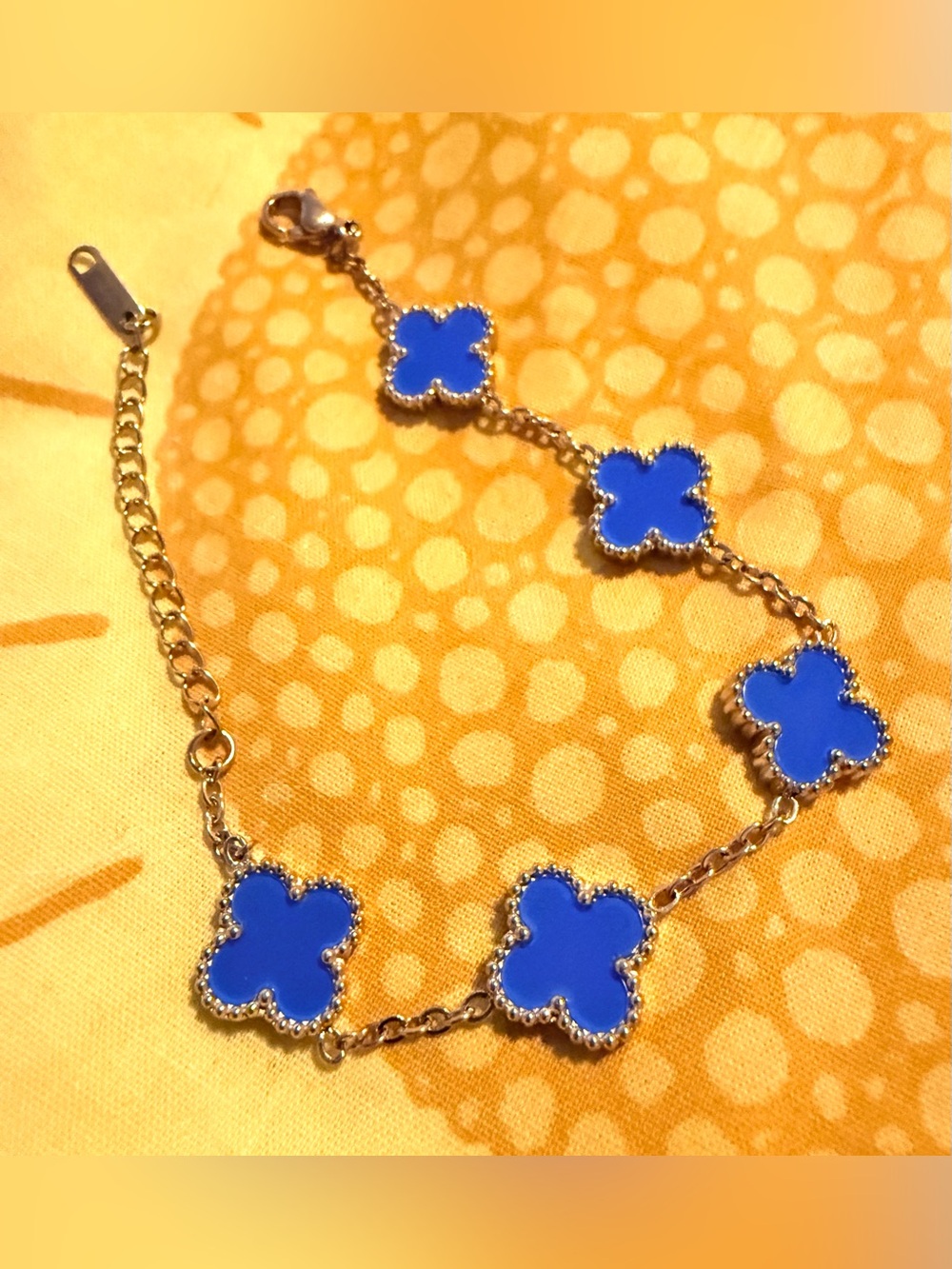 Gold Color Bracelet with 5 Blue Clover charms